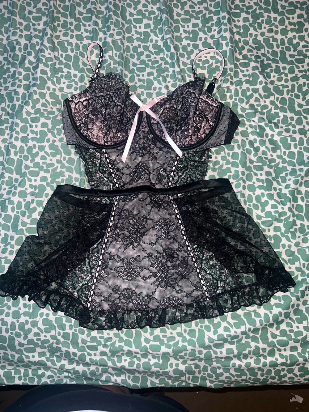 Victoria's Secret Black Lace Chemise with Pink Bow
